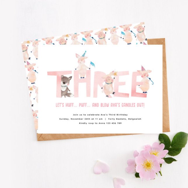 Three Little Pigs Big Bad Wolf, Girls 3rd Birthday Invitation (Creator Uploaded)