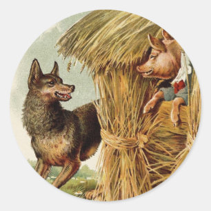 Three Little Pigs Big Bad Wolf, Vintage Fairy Tale Classic Round Sticker