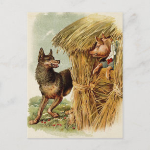 Three Little Pigs Big Bad Wolf, Vintage Fairy Tale Postcard