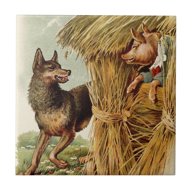 Three Little Pigs Big Bad Wolf, Vintage Fairy Tale Tile (Front)