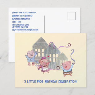 Three Little Pigs Birthday Celebration Invitation Postcard