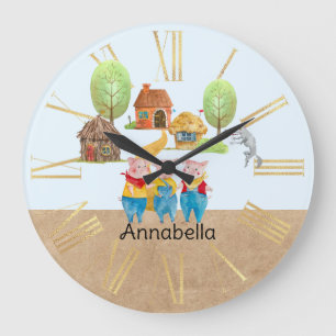 Three Little Pigs Colourful Folk and Fairy Tale Large Clock