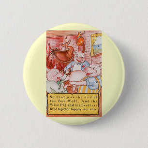 Three Little Pigs Cooking Wolf, Vintage Fairy Tale 6 Cm Round Badge