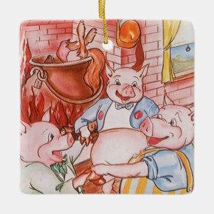 Three Little Pigs Cooking Wolf, Vintage Fairy Tale Ceramic Tree Decoration