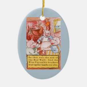 Three Little Pigs Cooking Wolf, Vintage Fairy Tale Ceramic Tree Decoration