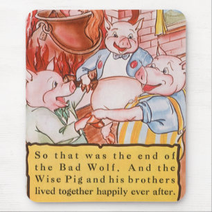 Three Little Pigs Cooking Wolf, Vintage Fairy Tale Mouse Mat