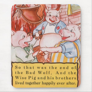Three Little Pigs Cooking Wolf, Vintage Fairy Tale Mouse Mat