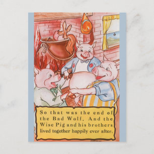 Three Little Pigs Cooking Wolf, Vintage Fairy Tale Postcard