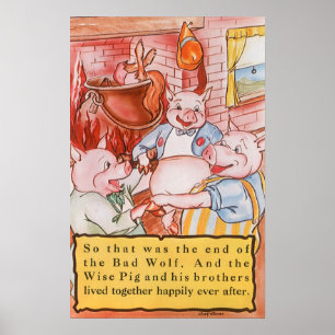 Three Little Pigs Cooking Wolf, Vintage Fairy Tale Poster