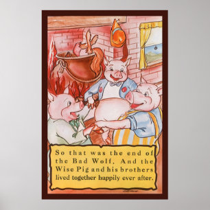 Three Little Pigs Cooking Wolf, Vintage Fairy Tale Poster