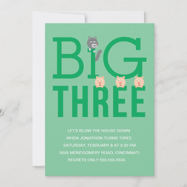 Three Little Pigs Third Birthday Invitation (Front)