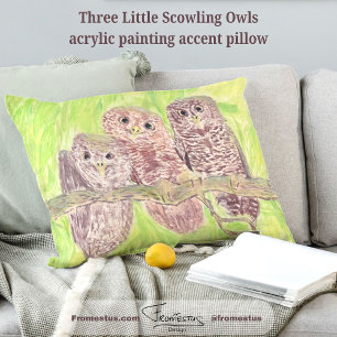 Three Little Scowling Owls - acrylic painting. Decorative Cushion