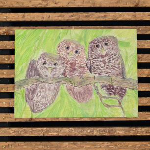 Three Little Scowling Owls - acrylic painting.    Poster