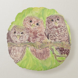 Three Little Scowling Owls - acrylic painting. Round Cushion