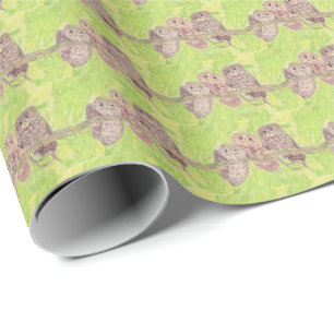 Three Little Scowling Owls - acrylic painting. Wrapping Paper