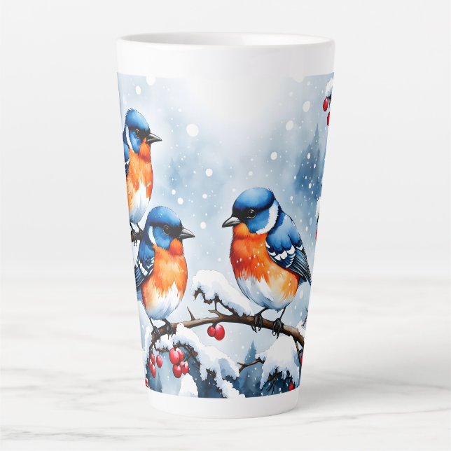 Three Little Songbirds and Red Berriess Latte Mug (Front)