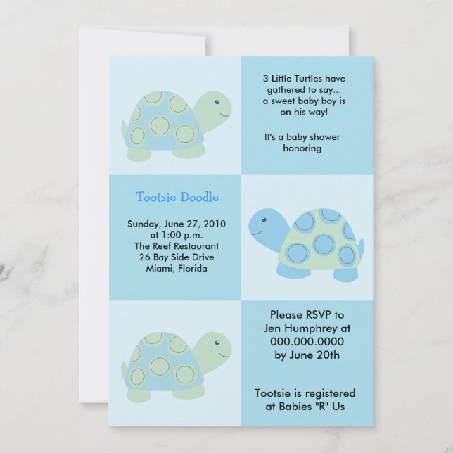 Three Little Turtles Mod Turtle 5x7 Baby Shower Invitation (Front)