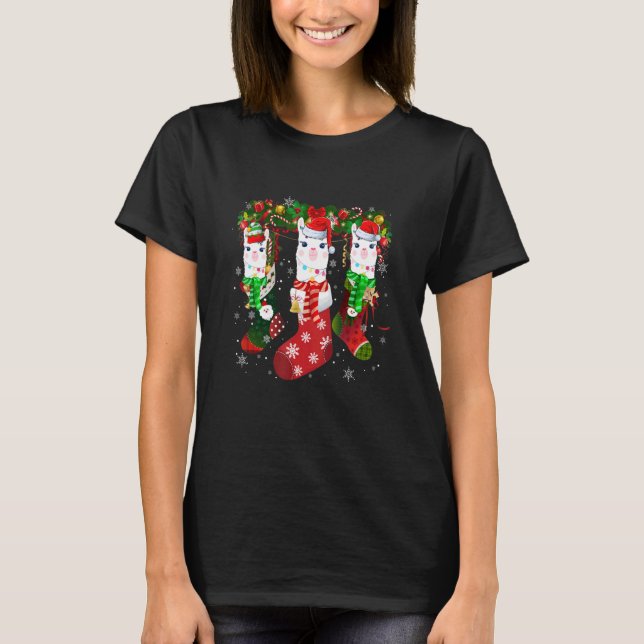 Three Llama In Socks Christmas Santa Hat  T-Shirt (Front)