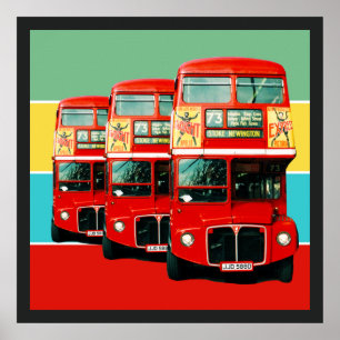 Three London Buses Colored Stripes Background Poster