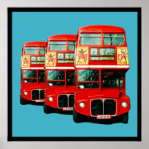 Three London Buses on Turquoise Background