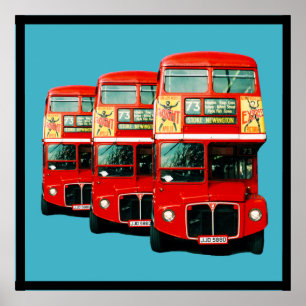Three London Buses on Turquoise Background Poster