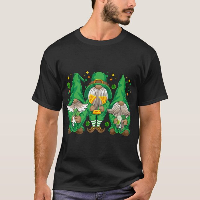 Three Lucky Gnome Shamrock Beer Drinking Saint Pat T-Shirt (Front)