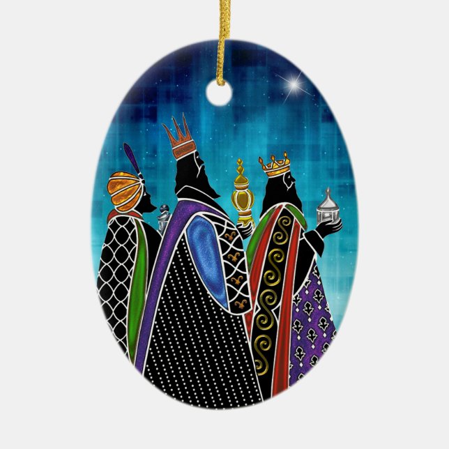 Three Magi Bearing Gifts Under Starry Sky Ceramic Tree Decoration (Front)