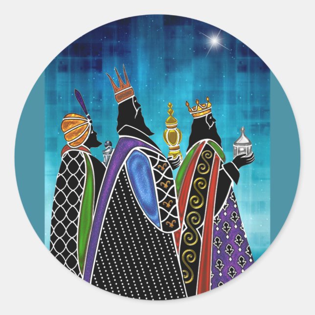 Three Magi Bearing Gifts Under Starry Sky Classic Round Sticker (Front)