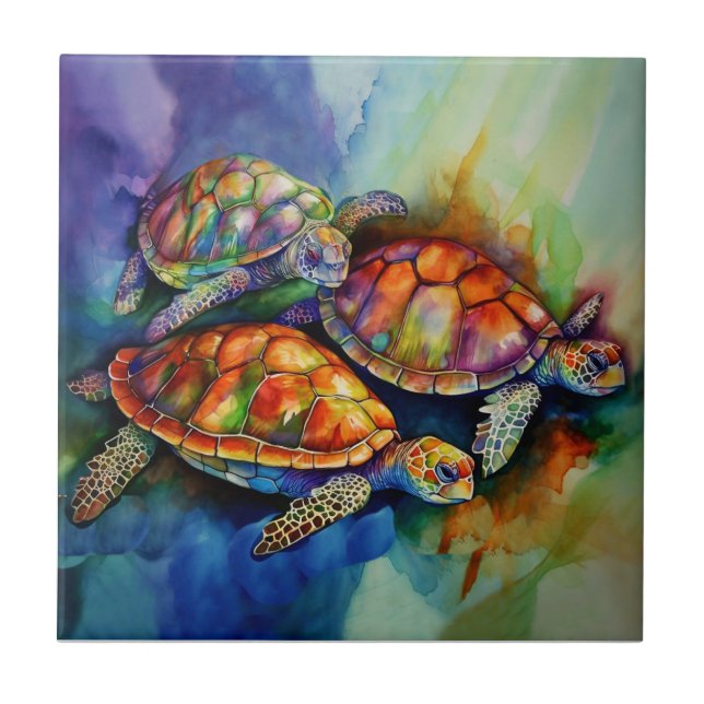 Three Magnificent Turtles Migrate in Stormy Seas Tile (Front)