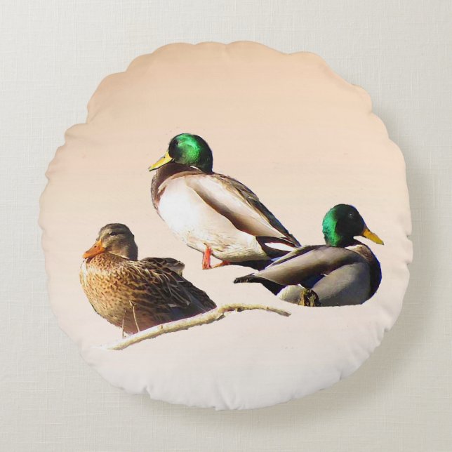 Three Mallard Ducks Round Throw Pillow (Front)