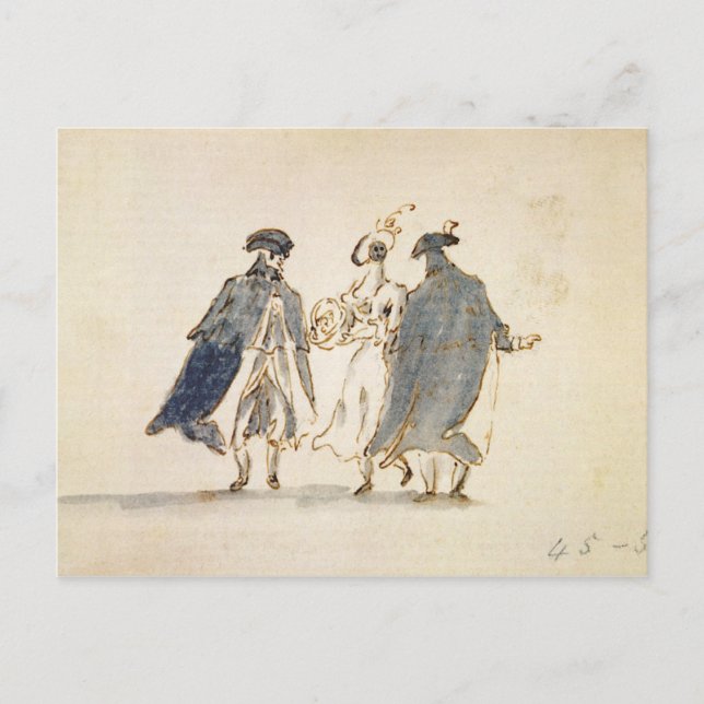 Three Masked Figures in Carnival Costume (pen & in Postcard (Front)
