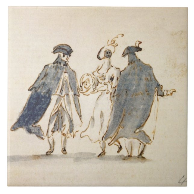 Three Masked Figures in Carnival Costume (pen & in Tile (Front)