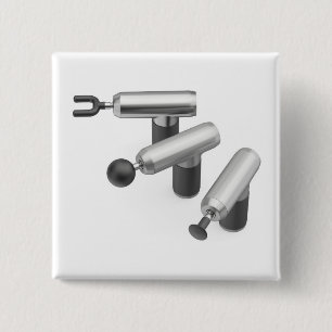 Three massage guns with different massage heads 15 cm square badge