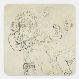 Three men and a woman drinking (pen & ink and w/c square sticker