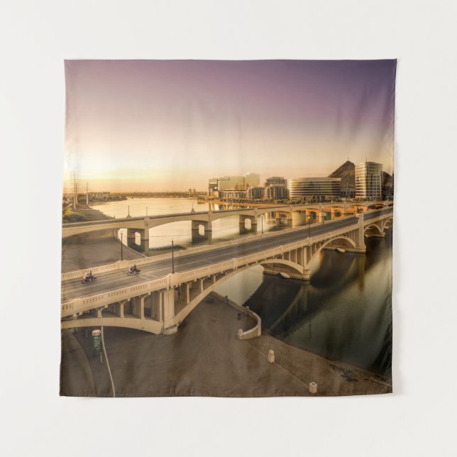 THREE MEN ON MOTORCYCLES CROSSING BRIDGE TAPESTRY (Front)