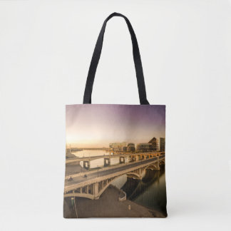THREE MEN ON MOTORCYCLES CROSSING BRIDGE TOTE BAG