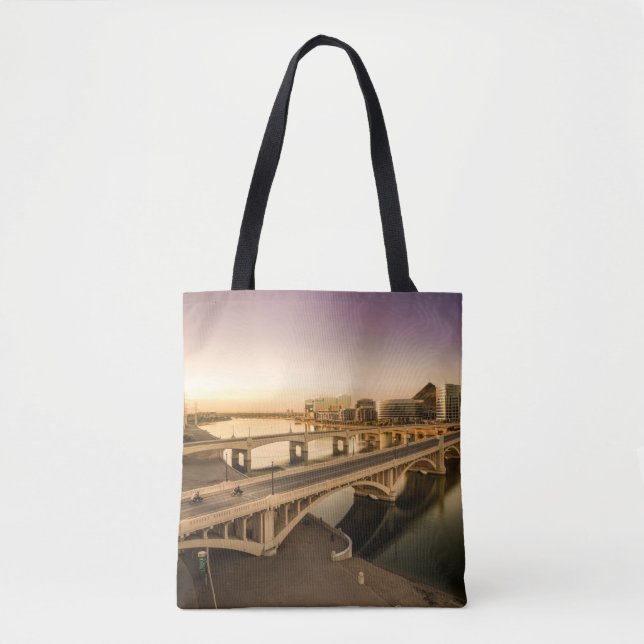 THREE MEN ON MOTORCYCLES CROSSING BRIDGE TOTE BAG (Front)