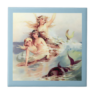 Three Mermaids with Dolphin Tile