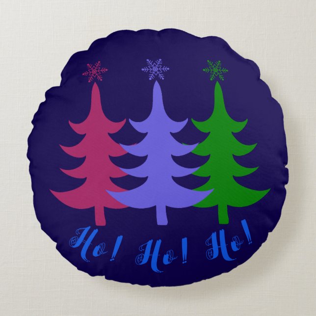 Three Merry Christmas Trees Ho! Ho! Ho! Round Cushion (Front)
