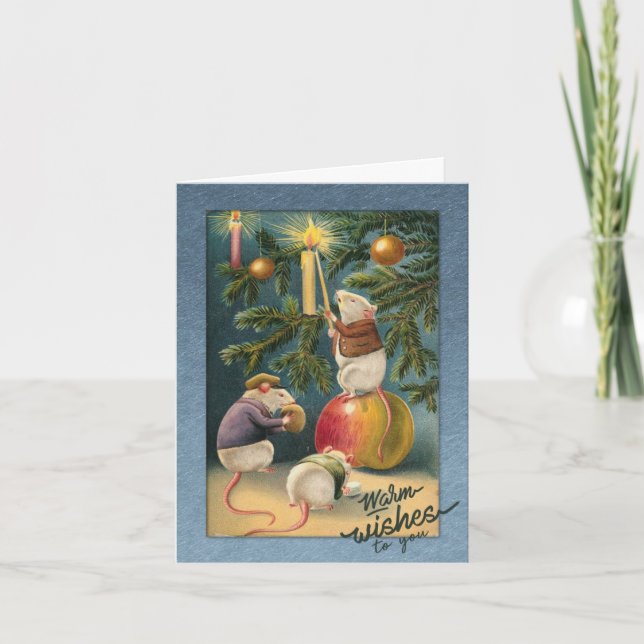 Three Mice Decorate Tree Christmas Card (Front)