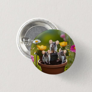 Three Mice In Flower Pots, 3 Cm Round Badge