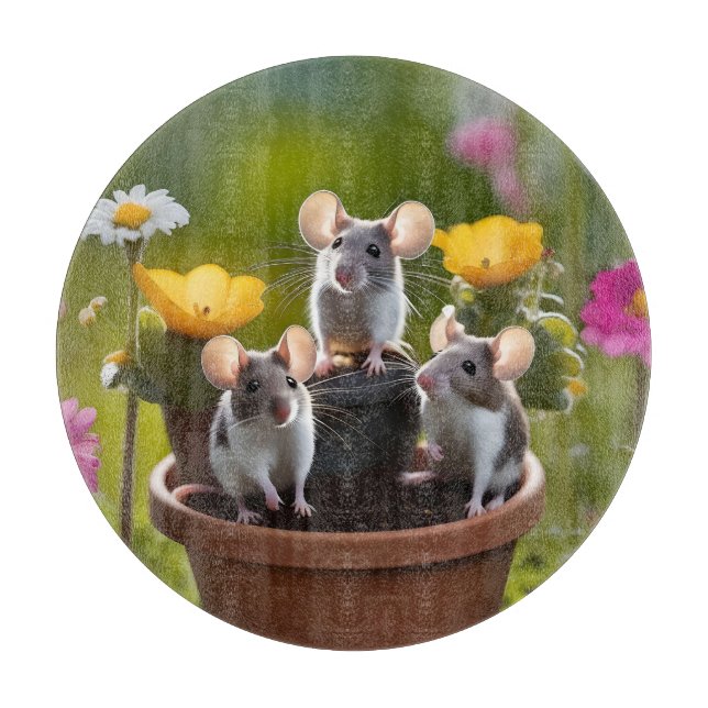 Three Mice In Flower Pots, Cutting Board (Front)