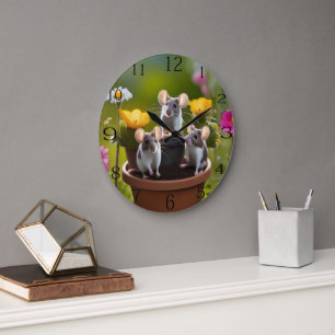 Three Mice In Flower Pots, Large Clock
