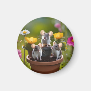 Three Mice In Flower Pots, Magnet