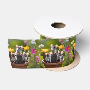 Three Mice In Flower Pots, Satin Ribbon