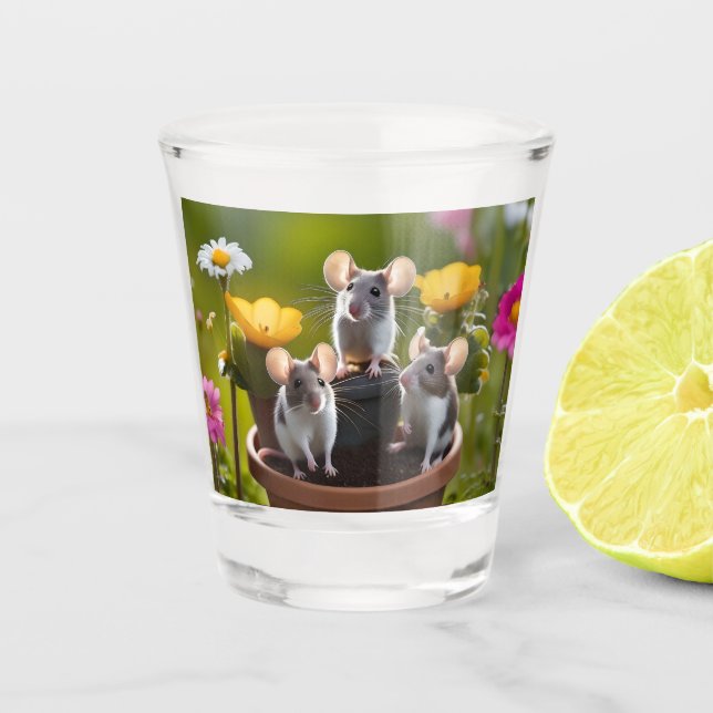 Three Mice In Flower Pots, Shot Glass (Front)