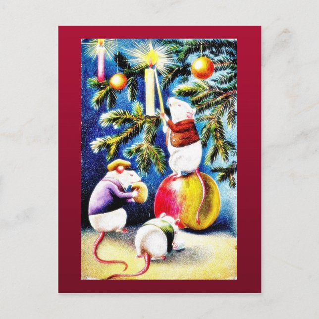 Three mice playing with gifts in the christmas tre holiday postcard (Front)