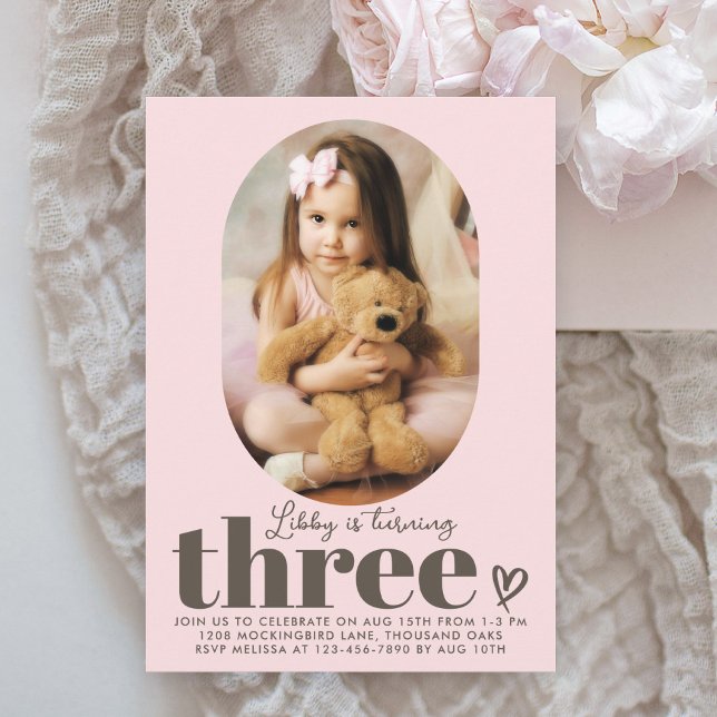 Three Modern Minimal Photo 3rd Birthday Pink Invitation (Available as printed and paperless digital download!)