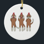 Three Monkeys Ceramic Tree Decoration<br><div class="desc">Sock monkeys are an old time toy but these guys are not exactly your typical sock monkies. They have a message - hear no evil,  see no evil,  speak no evil! Isn't that clever?</div>