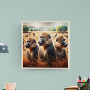 Three Monkeys Frolicking in Meadow Poster